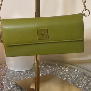 Vintage YSL Long Wallet shown with insert and crossbody chain.